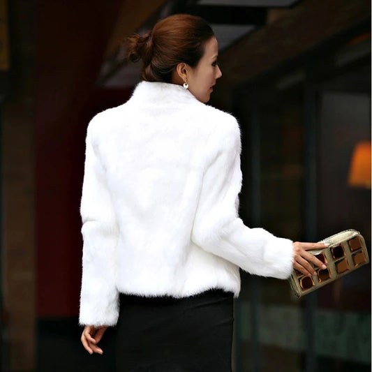 2025 Autumn/Winter Women’s Genuine Rabbit Fur Coat – Full Pelt Mandarin Collar Jacket