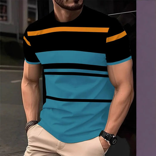 2025 Summer Men's Fashion 3D T Shirt Splicing Printed Colorblocking Casual Slim Short Sleeve Outdoor Sports Running Fitness Top