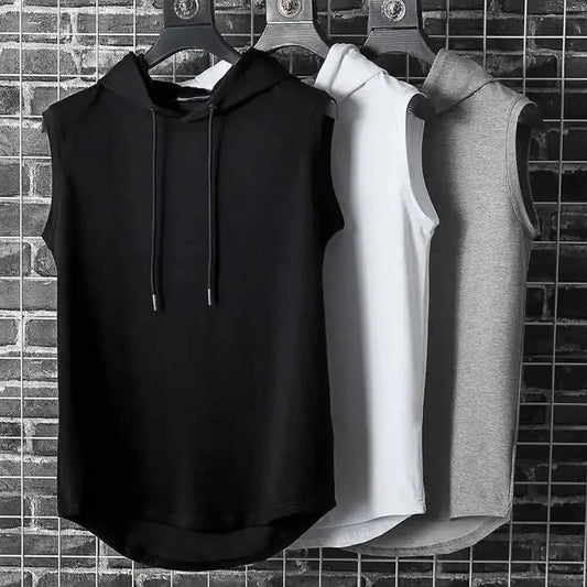 Men's lace up hooded sleeveless vest, men's summer loose solid color hip-hop T-shirt top, sports vest