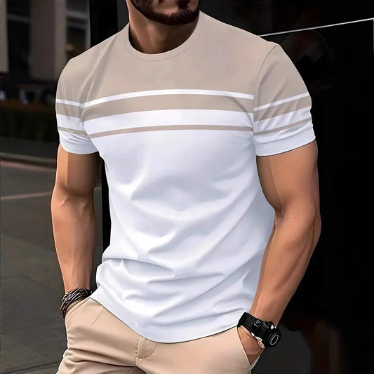 2025 Summer Men's Fashion 3D T Shirt Splicing Printed Colorblocking Casual Slim Short Sleeve Outdoor Sports Running Fitness Top