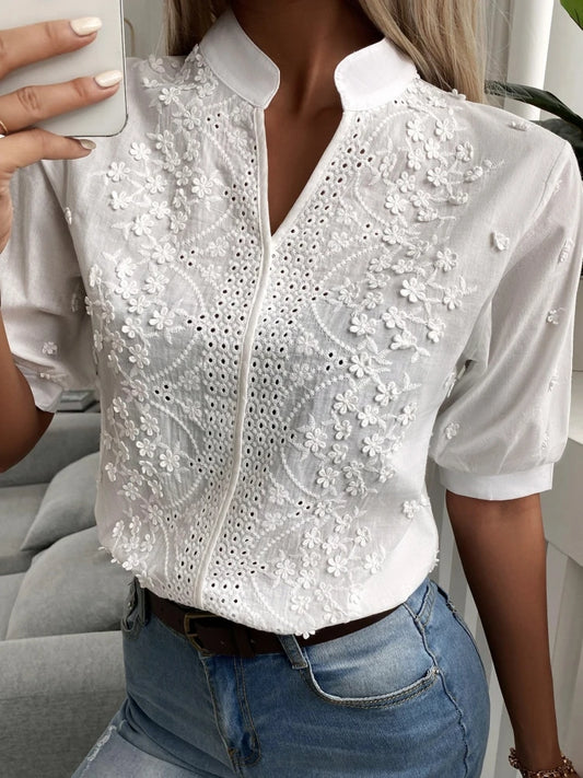 2024 Spring/Summer Embroidered                                 Women’s V-Neck Blouse – White Cotton Lantern Sleeve Top